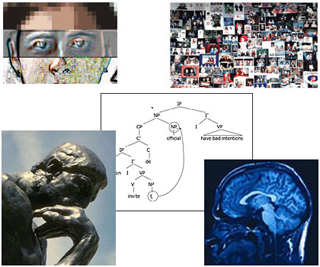 Five images illustrating the main concepts of this course: face recognition, sentence tree, photographs of twins, Rodin's The Thinker, and human fMRI brain scan.