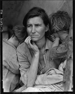 A black and white photograph of a woman with two small children leaning on her shoulder. The woman in this 1931 iconic Depression-era photograph is Florence Christie Owens.
