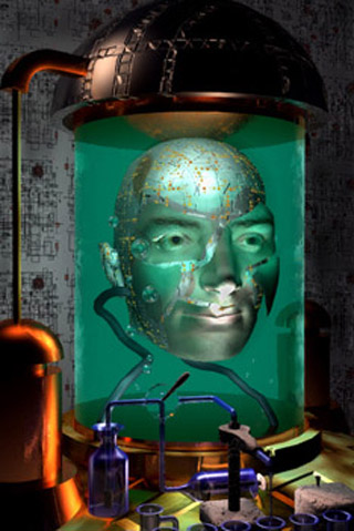 Computer-generated image of a large cyborg head floating in a cylindrical chamber in a futuristic laboratory.