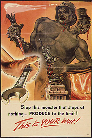 A US World War II propaganda poster showing a Nazi/Japanese monster destroying the Statue of Liberty.