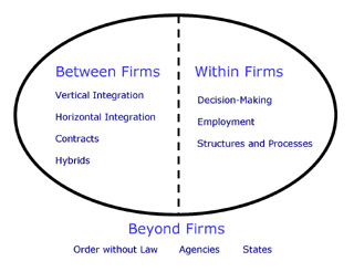 An ellipse surrounds the uses of organizational economics Between Firms on left (Vertical Integration, Horizontal Integration, Contracts, and Hybrids) and Within Firms on the right (Decision-Making, Employment, and Structures and Processes). Outside the ellipse are the uses Beyond Firms (Order without Law, Agencies, and States).
