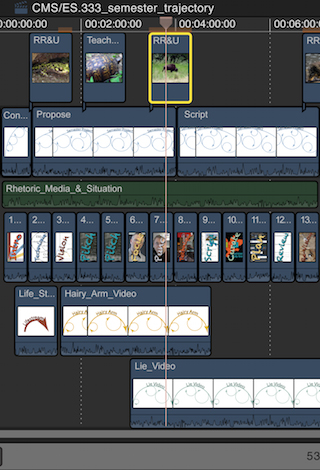 A picture of a workflow from a video made in ES.333. The video has been paused in an editing software, and many frames can be seen.