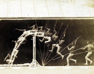 Composite technique photo from the 1880s of a pole vaulter.