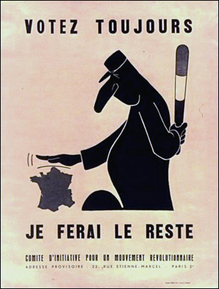 Black print with light background poster depicts a caricature of Charles de Gaulle holding a riot truncheon behind his back while patting an image of France as one would a small child.