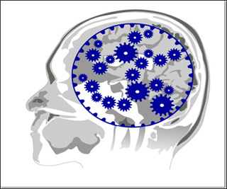 A profile of an x-ray of a head, with an overlaid image of cogs.