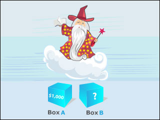 A wise older being floats above two boxes, Box A and Box B.