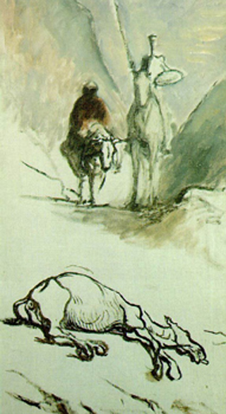 A muted painting of two riders who come across a dead mule.