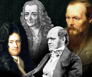 Images of Leibniz, Voltaire, Darwin and Dostoevsky.