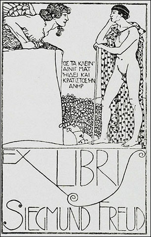 A bookplate with a black and white illustration of Oedipus staring at a statue of a sphinx.