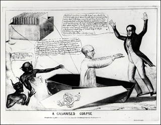 1836 political cartoon of a galvanized corpse.