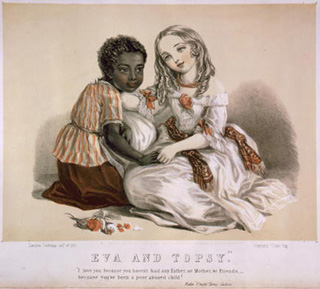 A colored lithograph of a black girl and white girl, sitting affectionately with one another.