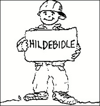 Cartoon drawing of man holding a sign that reads Hildebidle, which is the professor's last name.