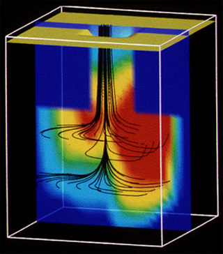 A 3-D simulation of current flow in a bipolar transistor.