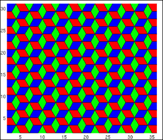 Multi-colored cubes arranged to create the illusion of hexagons.