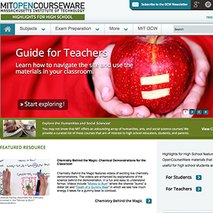 A screenshot of the MIT OpenCourseware website, featuring a large graphic of an apple with an equals sign carved into it. The headline reads 'Guide for Teachers.'