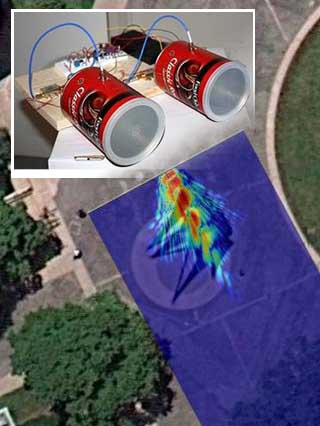A radar signal image superimposed on an overhead photo of a large steel scultpure, plus a photo of a student-built radar system.